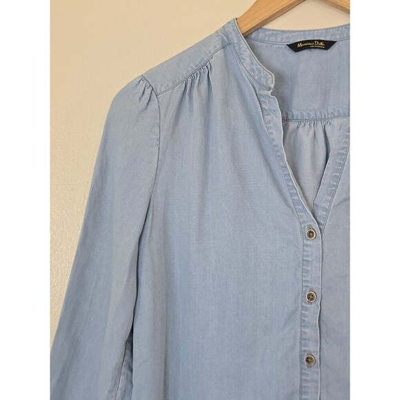Massimo Dutti Size 4 Blue Soft Denim Button Up Blouse Collarless Chambray - Picture 3 of 12